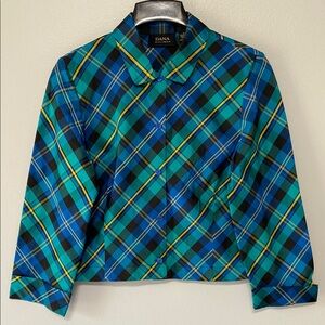 Dana Buchman Blue and Black Blouse Modern Plaid Design Size 14